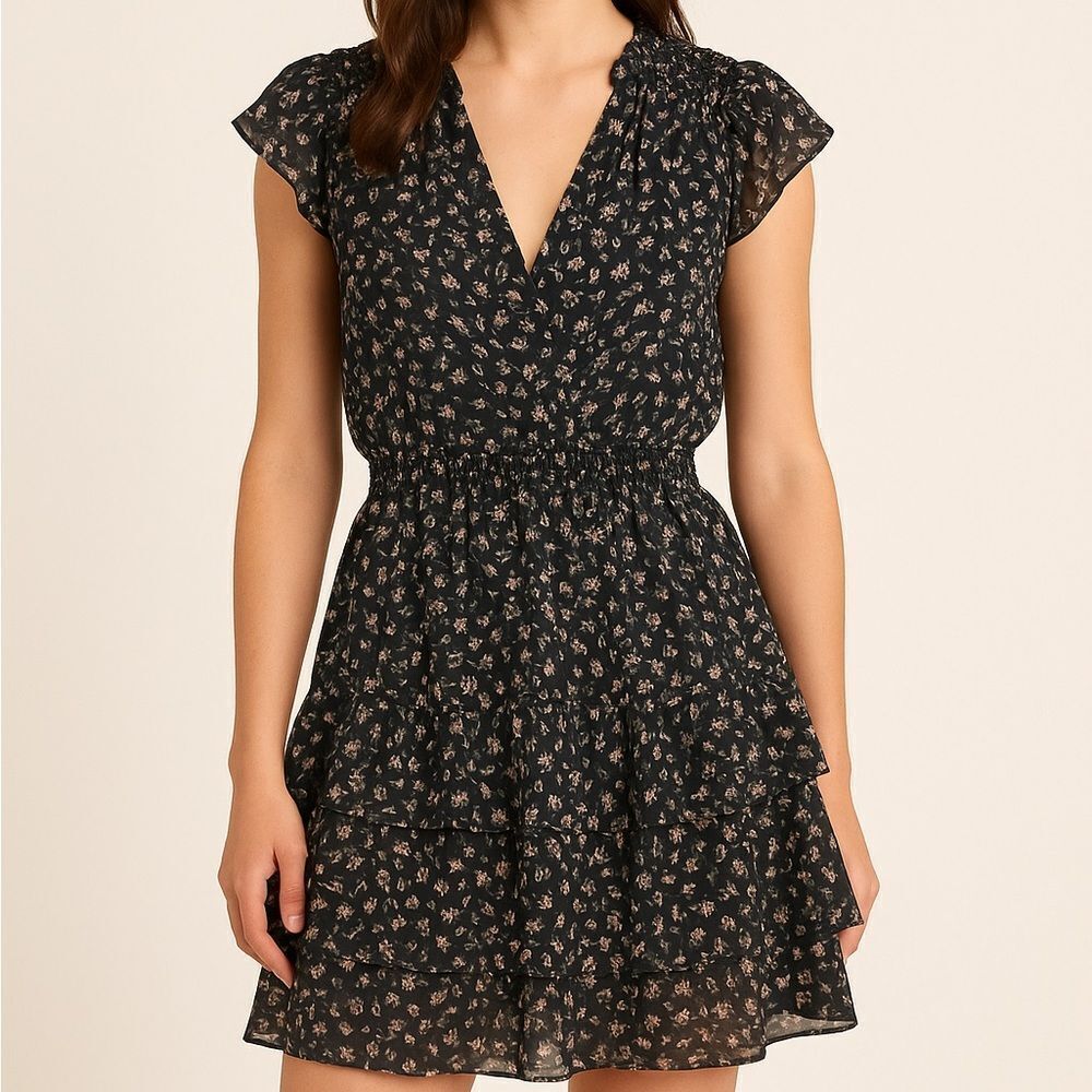 Anthropologie Current Air Black Floral Tiered Semi Sheer Mini Dress
